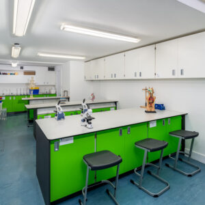 EIFA A bilingual science classroom in London features bright green cabinets and sleek black countertops. Two microscopes rest on the front table, while several stools are arranged around the tables. White upper cabinets line the walls under the clear fluorescent lighting, creating an inspiring learning environment.