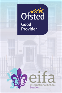 EIFA Logo of Ofsted with Good Provider text above a blurred background of a school entrance. Below is the logo and name for EIFA International School, London, featuring a stylized fleur-de-lis design.