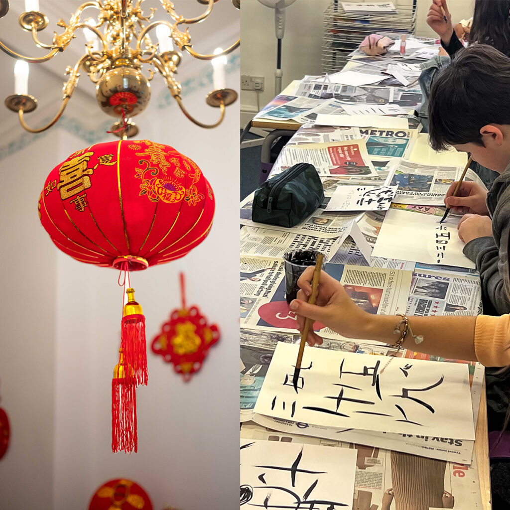 EIFA A red lantern with golden details hangs from a chandelier on the left. On the right, people are practicing calligraphy at a table covered in newspapers, with brushes and ink.