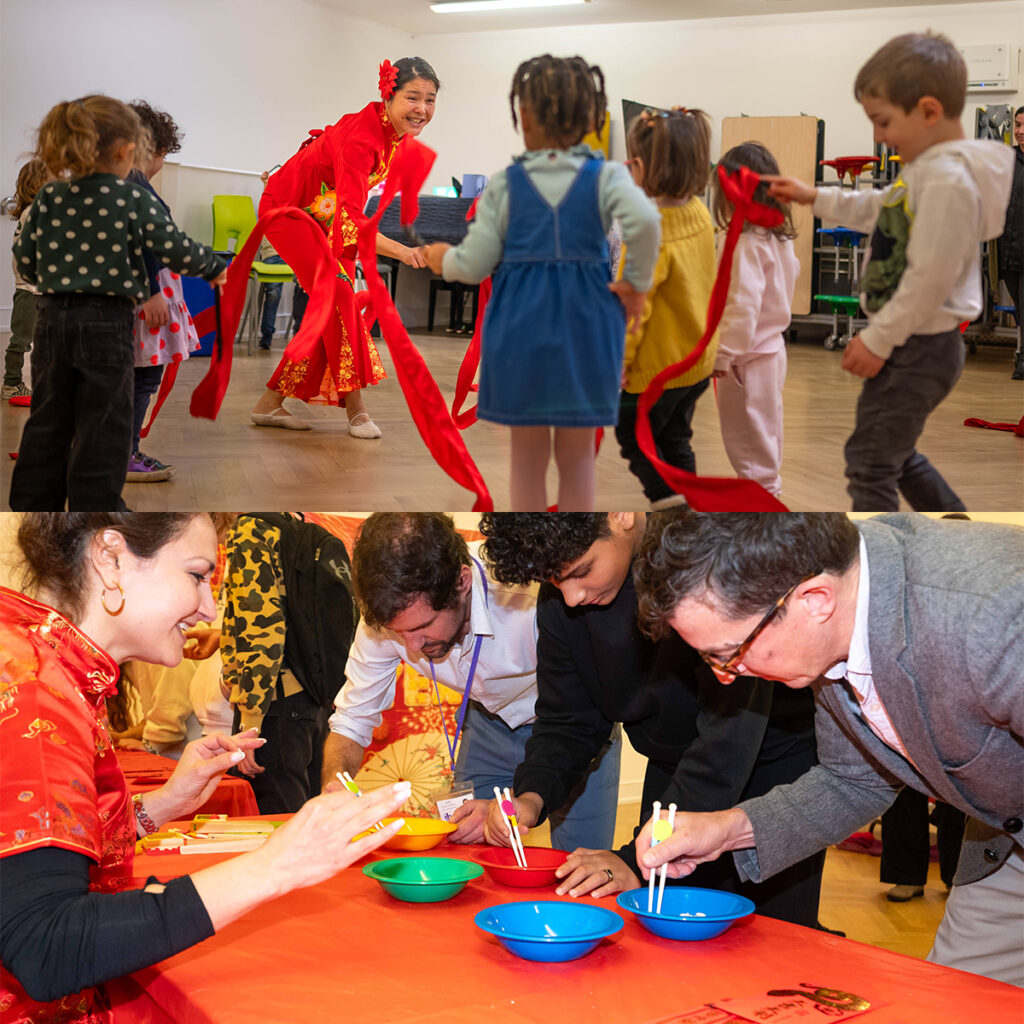 EIFA Top: A woman in red traditional attire leads children in a dance with red ribbons in a classroom. Bottom: Two adults demonstrate using chopsticks with colorful bowls to an engaged group of people at a cultural event.