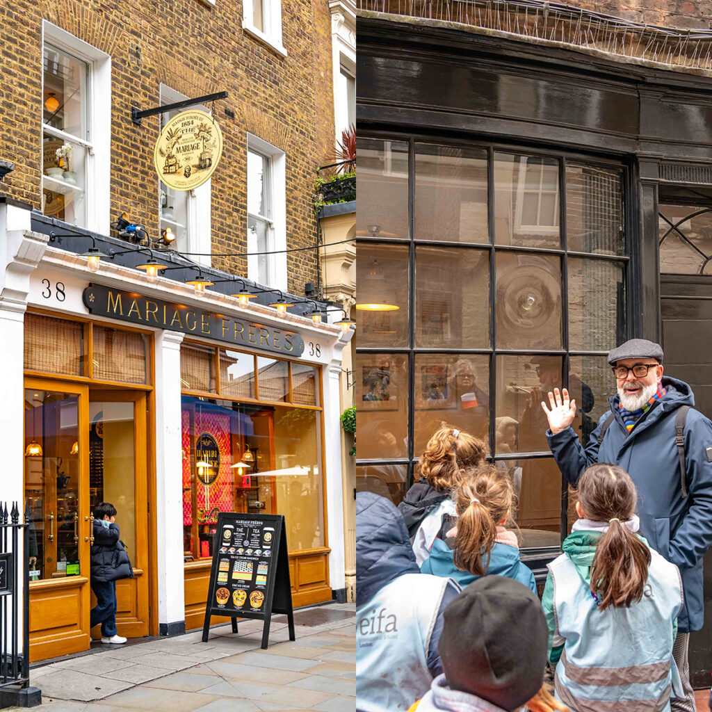 EIFA Left: A person stands outside Mariage Frères tea shop, with a sign displaying tea options. Right: A man in a cap and glasses waves at a group of children in front of a building with large windows.